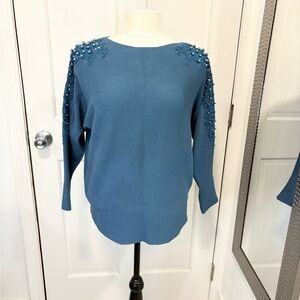Ember Blue Sweater Pearl Embellished Dolman Sleeve Romantic Lace Scandi Girl Y2K
